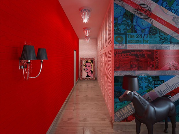 Couloir rouge vif dans un style pop art