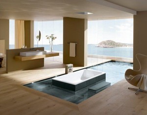 Salle de bain luxueuse avec piscine et vue imprenable