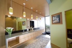 Intérieur de la salle de bain en vert avec du bois