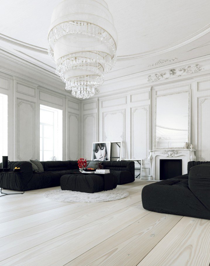 Lustre énorme et meubles noirs sur un fond blanc