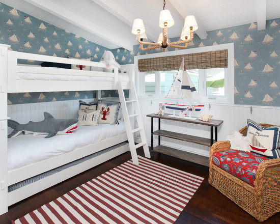 Intérieur d'une chambre d'enfant pour deux enfants dans un style marin