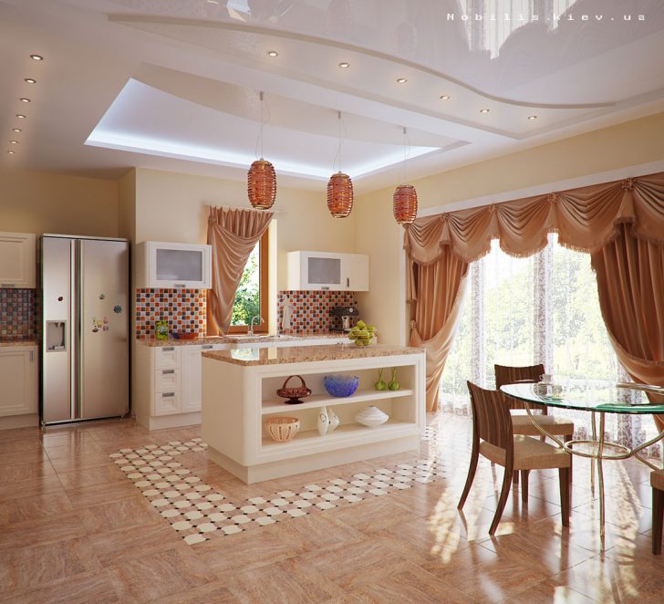 Pour décorer une cuisine spacieuse, vous pouvez utiliser de longs rideaux