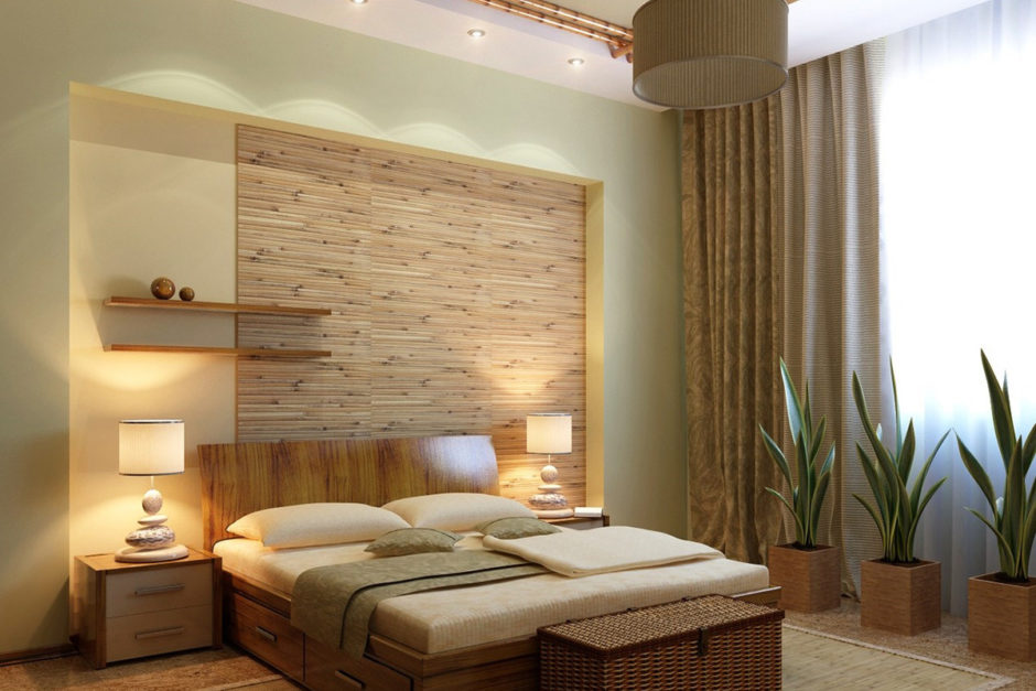 Chambre avec papier peint en bambou